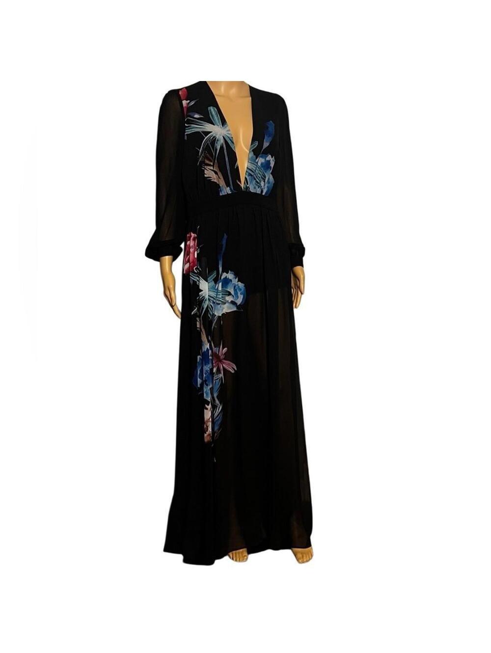 Bebe 4 Black Floral Deep V Maxi Dress Romper Coachella boho